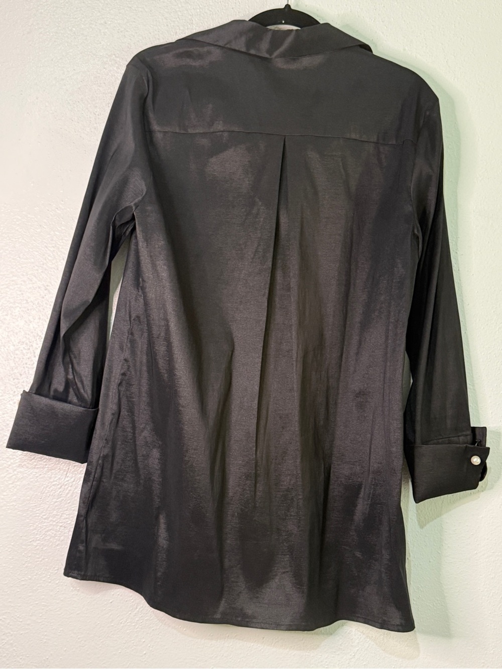 Preston & York Black Button-Accent Mini Dress with satin-like sheen. Sz M. - Picture 6 of 9